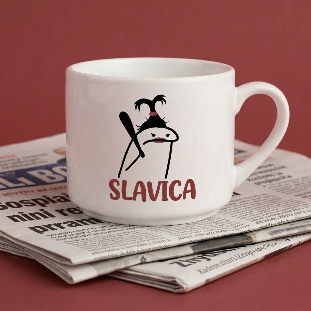 Bela šoljica sa crtežom lika i natpisom Slavica